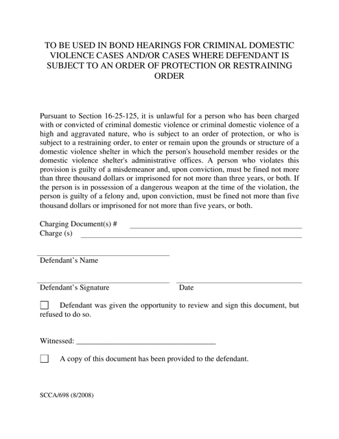 Form SCCA/698 Notice of Trespass on Dv Shelter - South Carolina