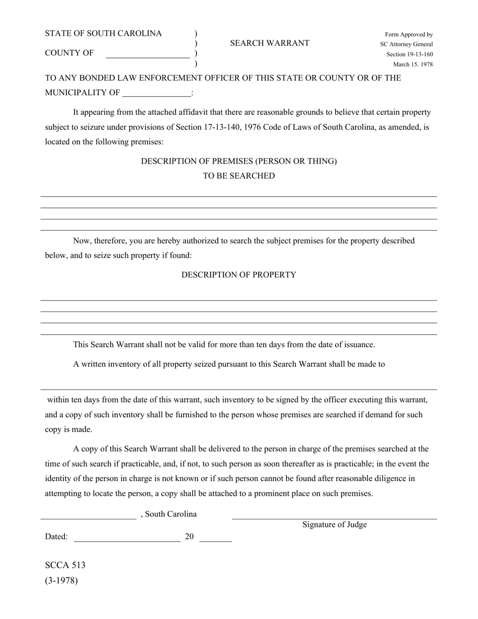 Form SCCA513 Search Warrant - South Carolina, Page 1