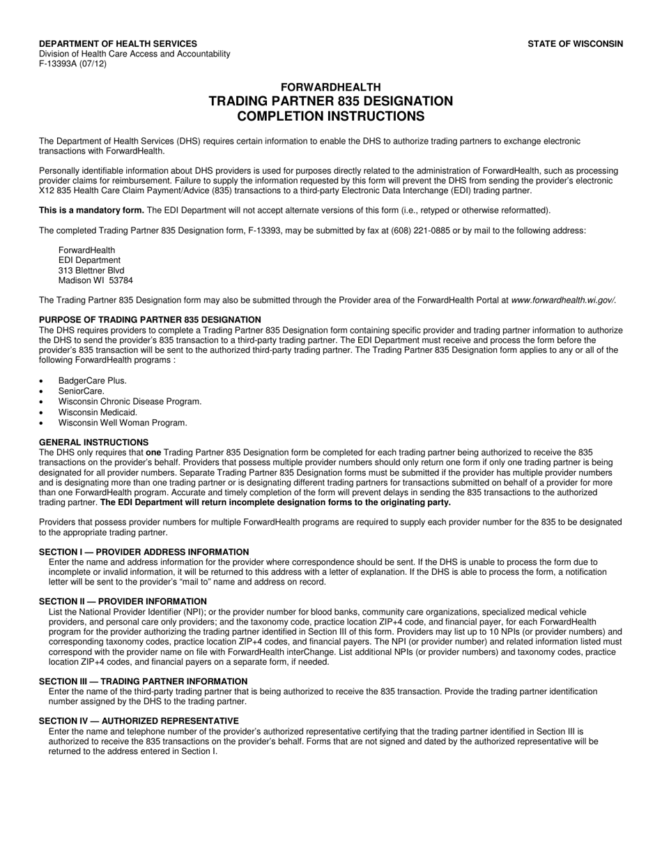 Instructions for Form F-13393 Trading Partner 835 Designation - Wisconsin, Page 1