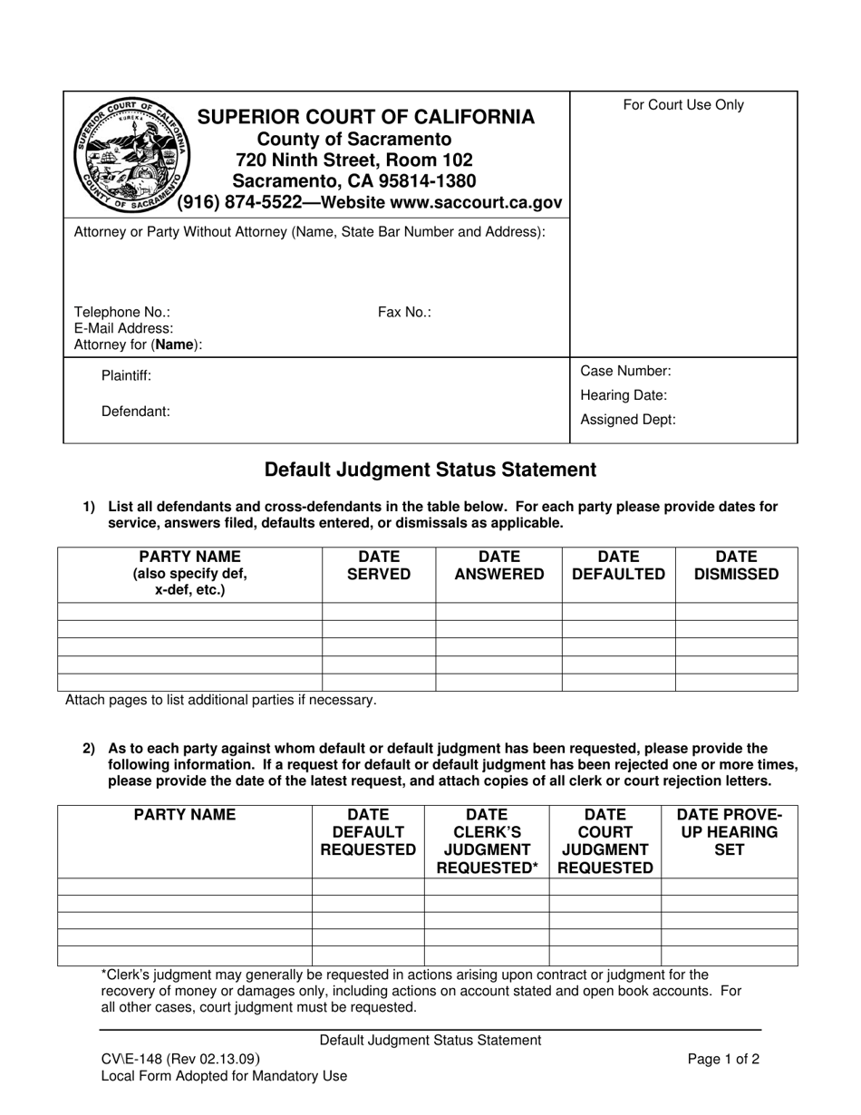 Form CV / E-148 Default Judgment Status Statement - County of Sacramento, California, Page 1