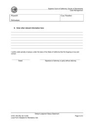 Form CV/E-148 Default Judgment Status Statement - County of Sacramento, California, Page 2