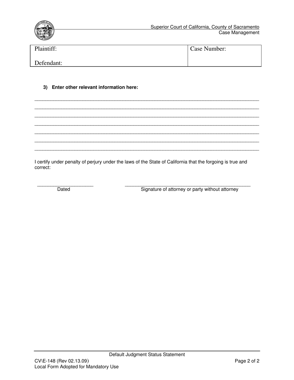 Form CV / E-148 Default Judgment Status Statement - County of Sacramento, California, Page 2