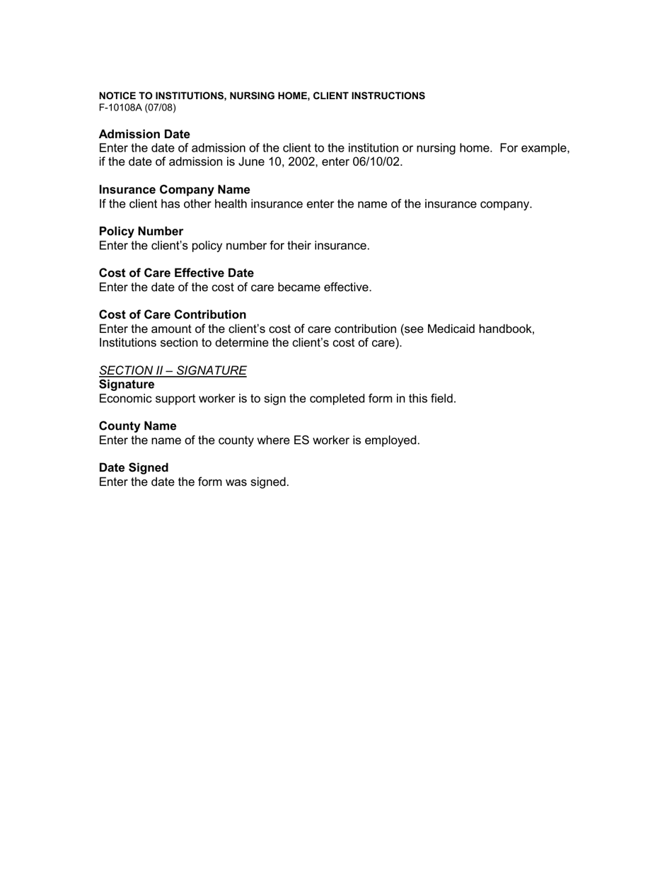 Instructions for Form F-10108 Medicaid Manual Notice for Cost of Care Contribution - Wisconsin, Page 2