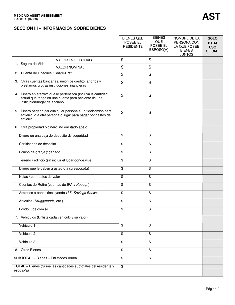 Formulario F-10095 Evaluacion De Bienes De Medicaid Para Institucion Medica / Residente De Community Waiver Y Esposo(A) En La Comunidad - Wisconsin (Spanish), Page 2