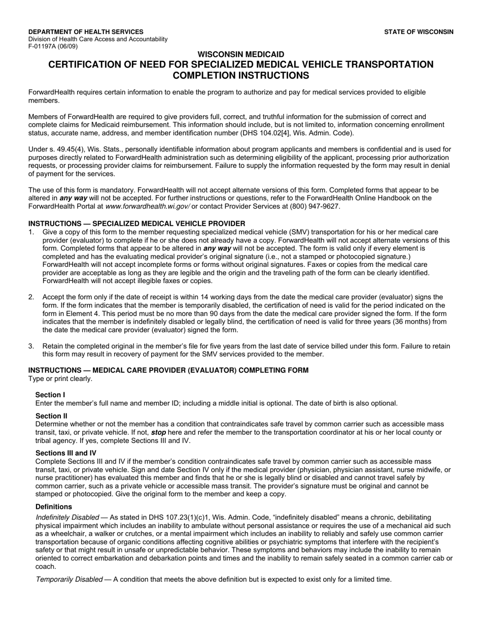 Instructions for Form F-01197 Certification of Need for Specialized Medical Vehicle Transportation - Wisconsin, Page 1