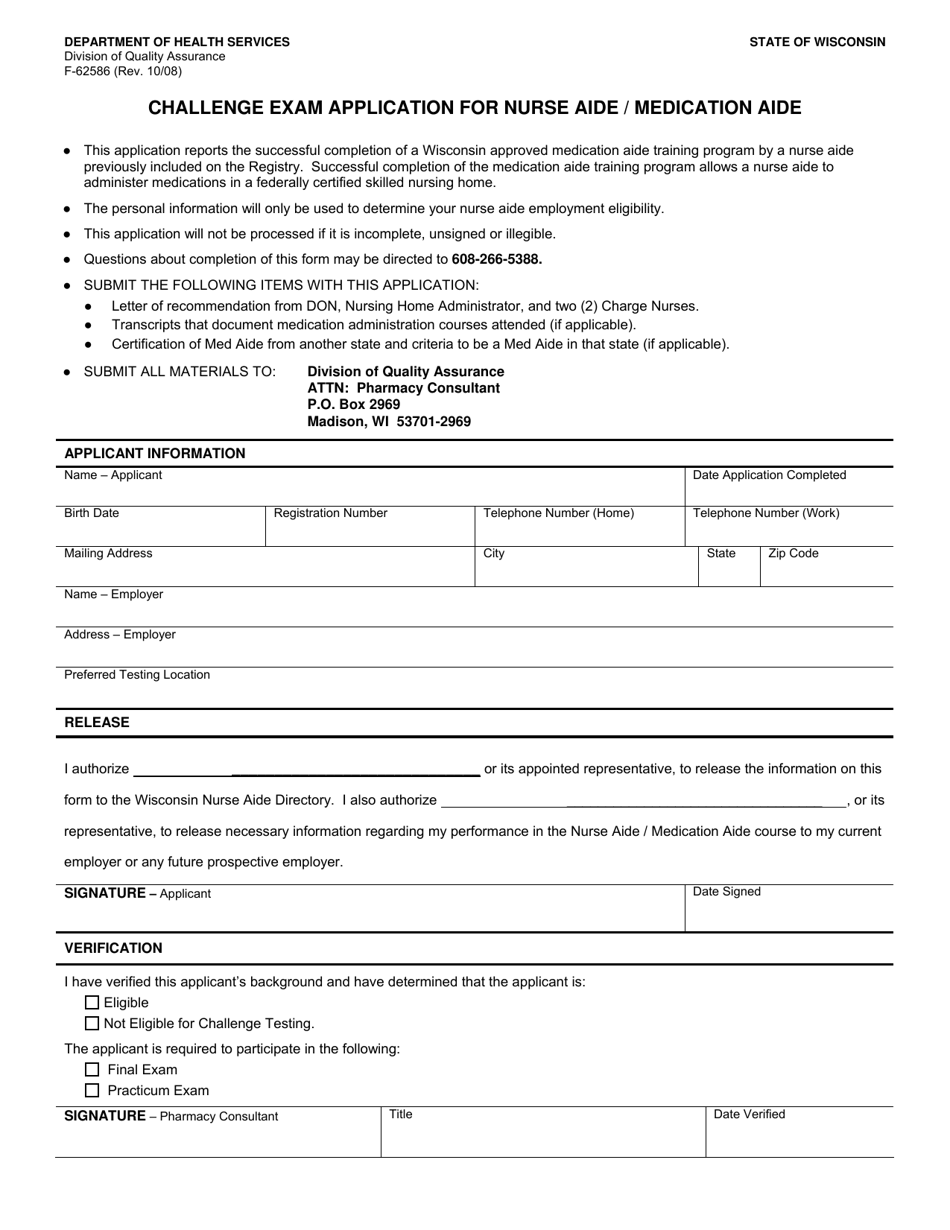 Form F-62586 Challenge Exam Application for Nurse Aide / Medication Aide - Wisconsin, Page 1