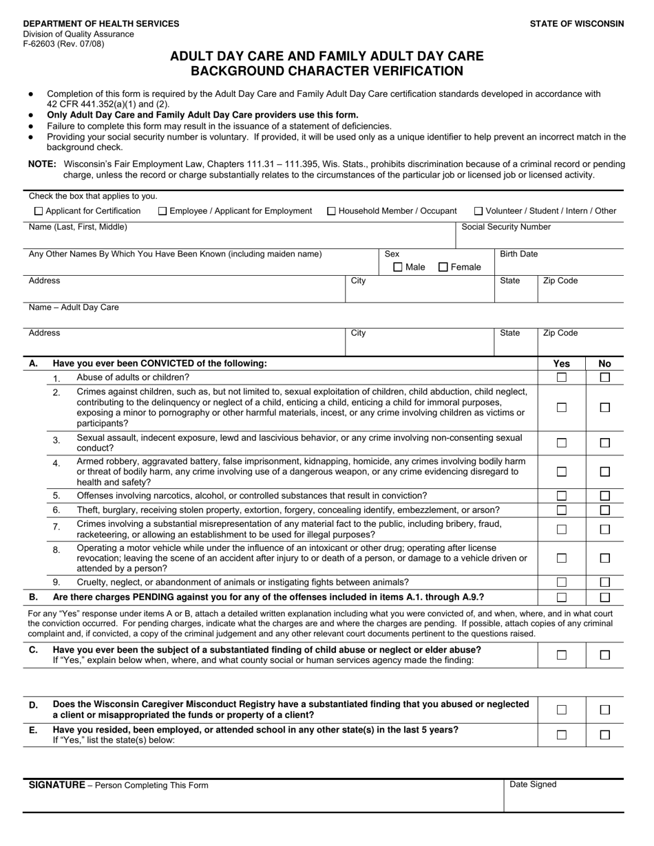 Form F-62603 Adult Day Care and Family Adult Day Care Background Character Verification - Wisconsin, Page 1