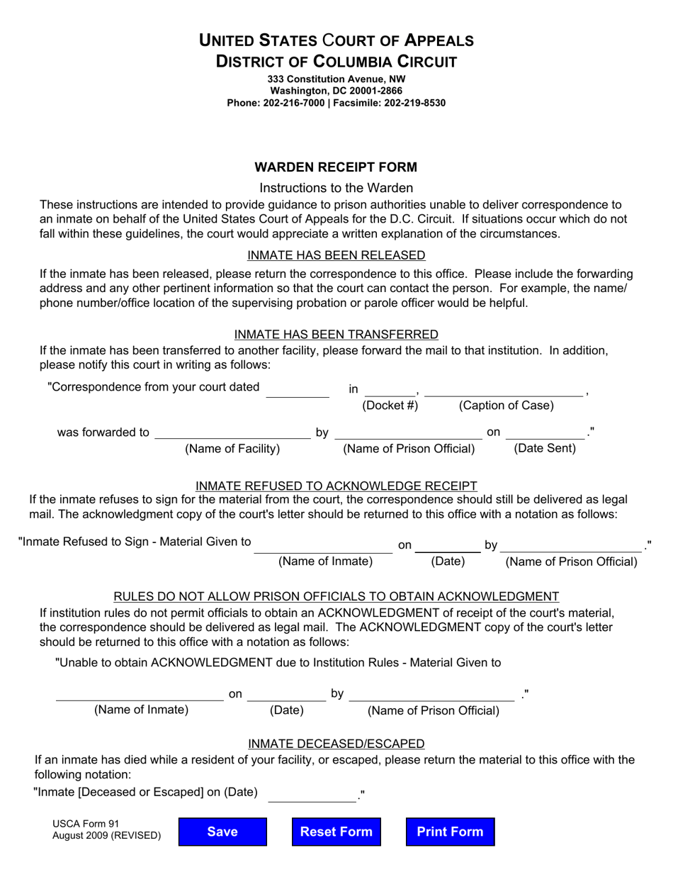 USCA Form 91 Warden Receipt Form - Washington, D.C., Page 1