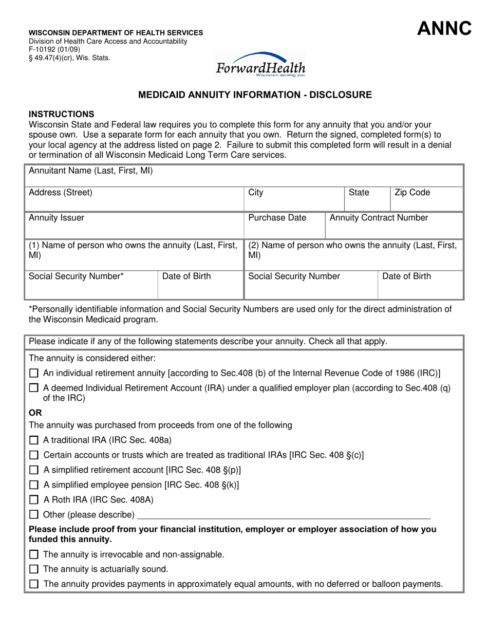 Form F-10192 Medicaid Annuity Information - Disclosure - Wisconsin, Page 1
