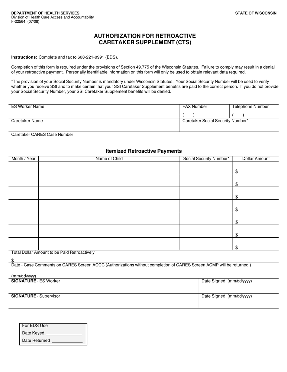 Form F-22564 Authorization for Retroactive Caretaker Supplement (Cts) - Wisconsin, Page 1