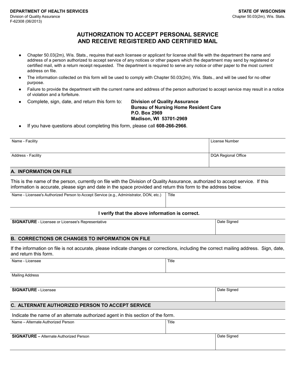 Form F-62308 Authorization to Accept Personal Service and Receive Registered and Certified Mail - Wisconsin, Page 1