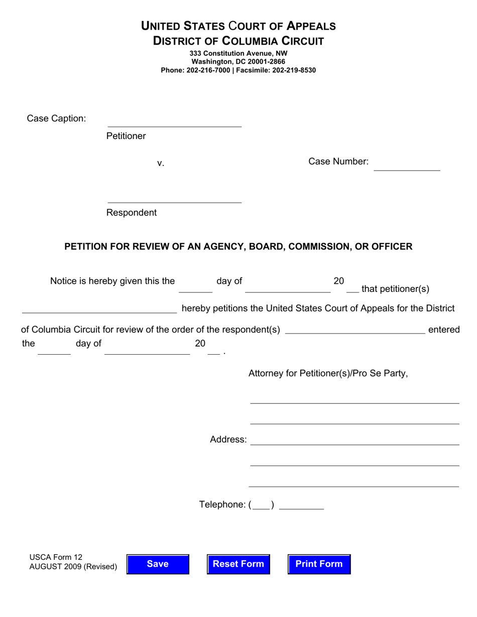 USCA Form 12 Petition for Review of an Agency, Board, Commission, or Officer - Washington, D.C., Page 1