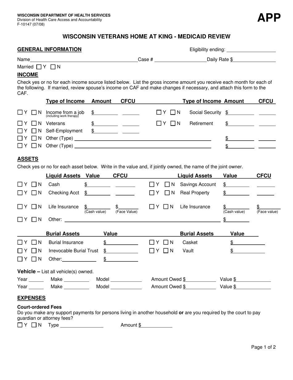 Form F-10147 Wisconsin Veterans Home at King - Medicaid Review - Wisconsin, Page 1