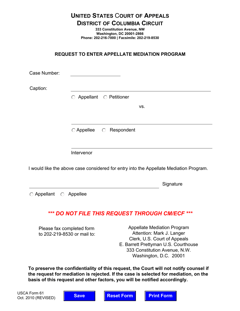 USCA Form 61 Request to Enter Appellate Mediation Program - Washington, D.C., Page 1