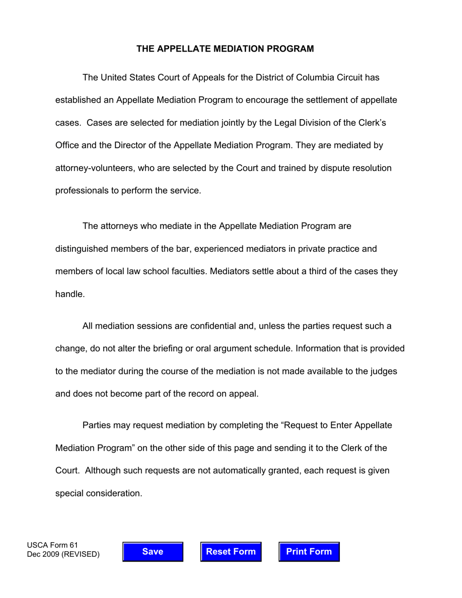 USCA Form 61 Request to Enter Appellate Mediation Program - Washington, D.C., Page 2