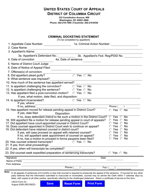 USCA Form 43  Printable Pdf