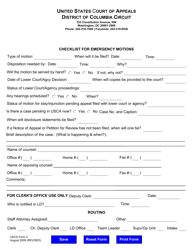 USCA Form 2 &quot;Checklist for Emergency Motions&quot; - Washington, D.C.