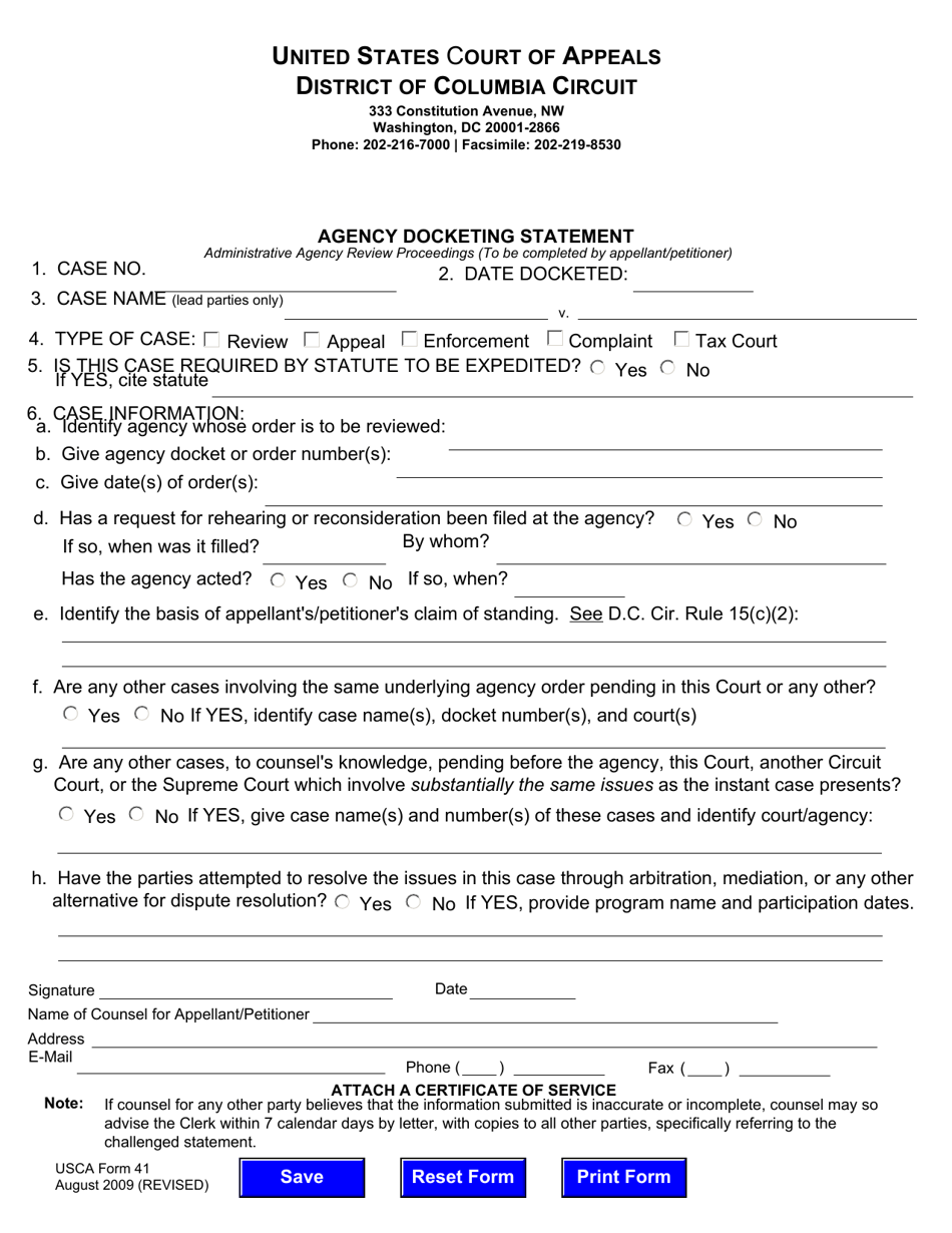 USCA Form 41 Agency Docketing Statement - Washington, D.C., Page 1