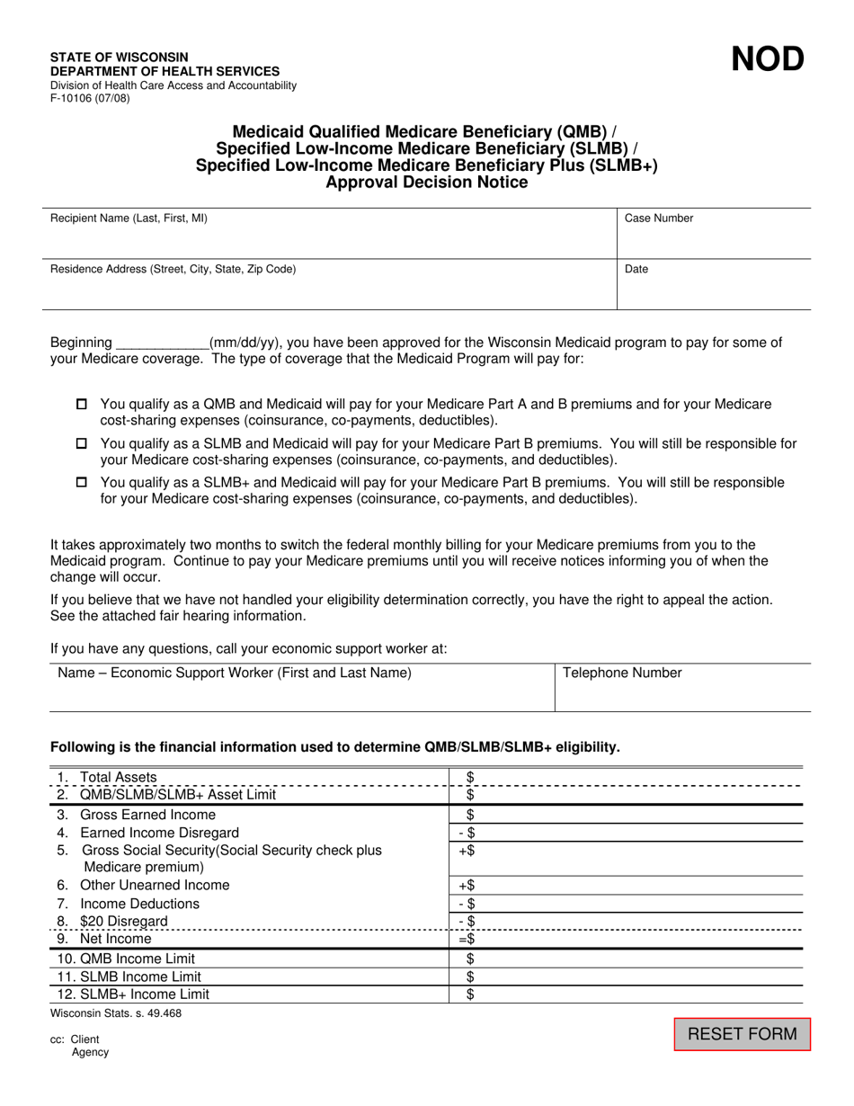 Form F-10106 Medicaid Qualified Medicare Beneficiary (Qmb) / Specified Low-Income Medicare Beneficiary (Slmb) / Specified Low-Income Medicare Beneficiary Plus (Slmb+) Approval Decision Notice - Wisconsin, Page 1