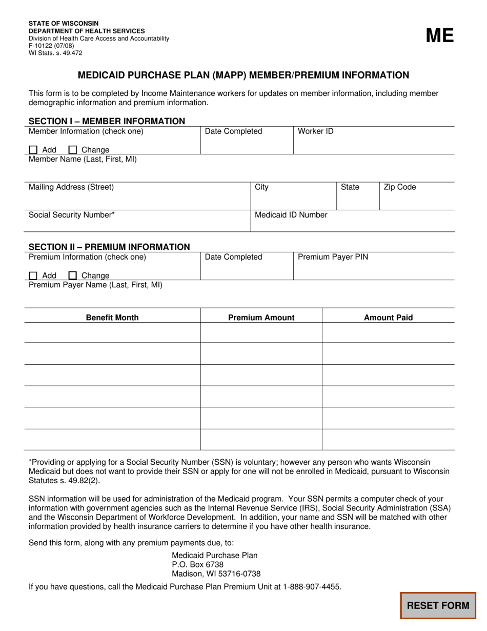 Form F-10122 Medicaid Purchase Plan (Mapp) Member / Premium Information - Wisconsin, Page 1
