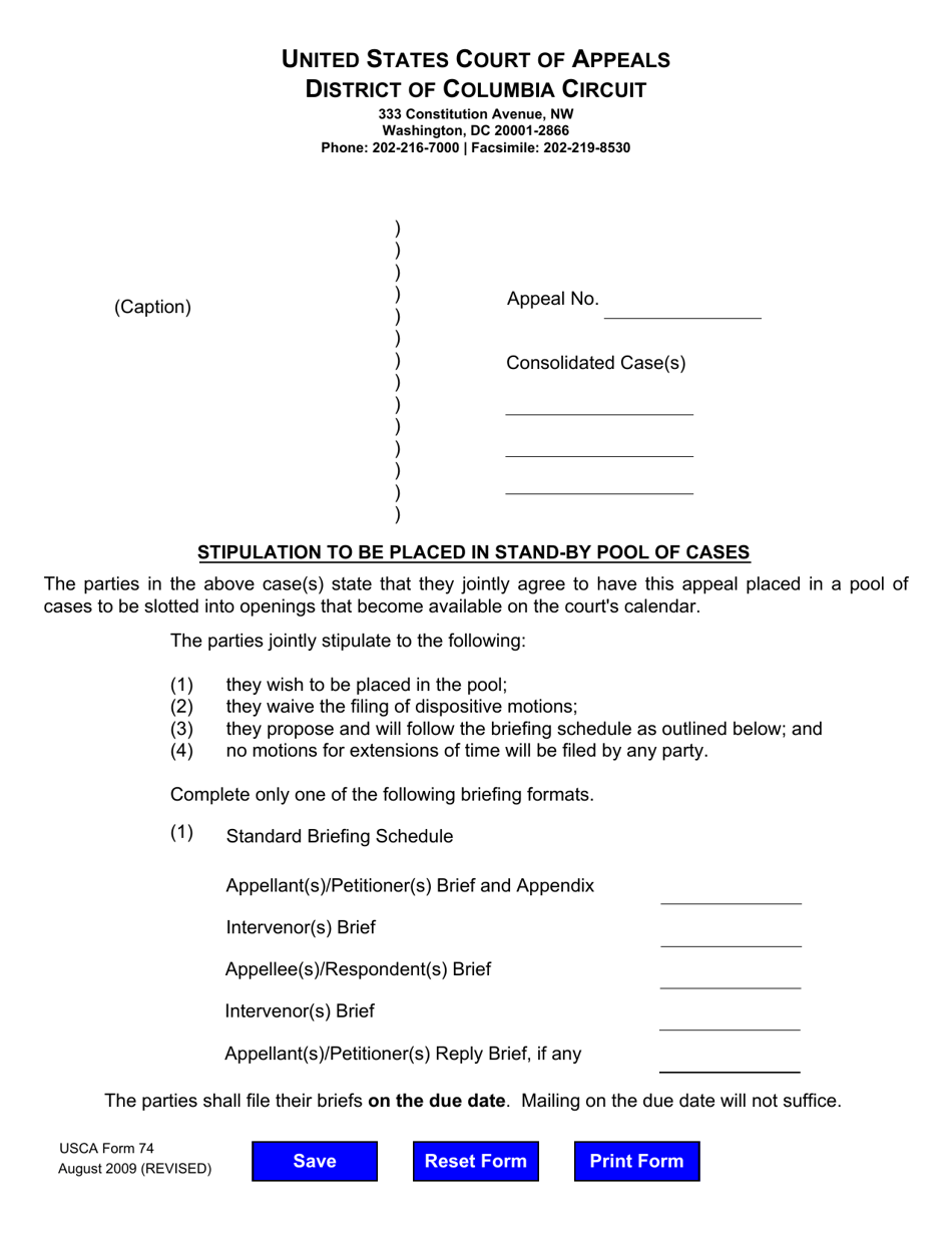 USCA Form 74 Stipulation to Be Placed in Stand-By Pool of Cases - Washington, D.C., Page 1