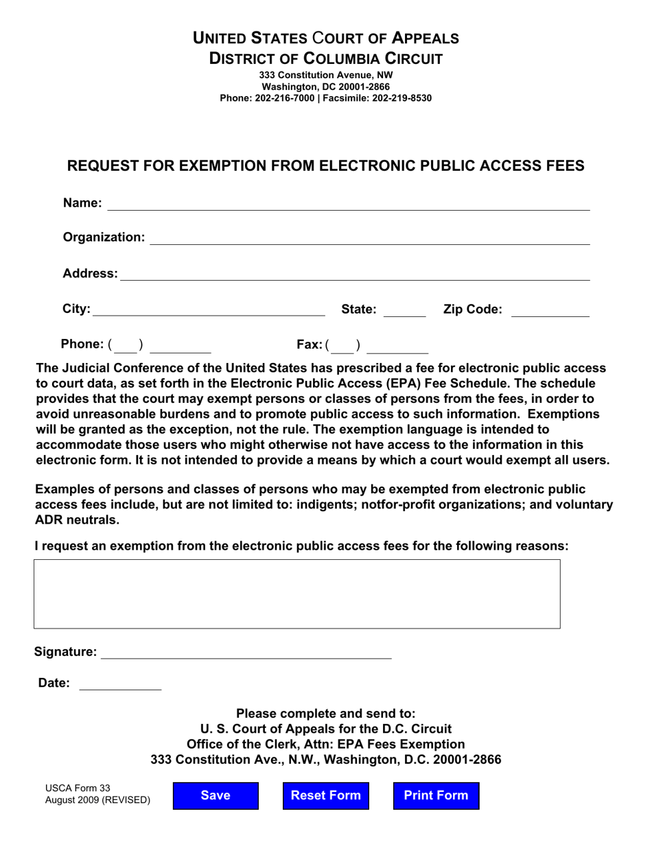USCA Form 33 Request for Exemption From Electronic Public Access Fees - Washington, D.C., Page 1