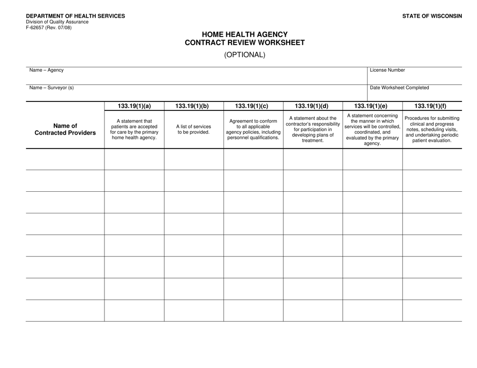 Form F-62657 Home Health Agency Contract Review Worksheet - Wisconsin, Page 1
