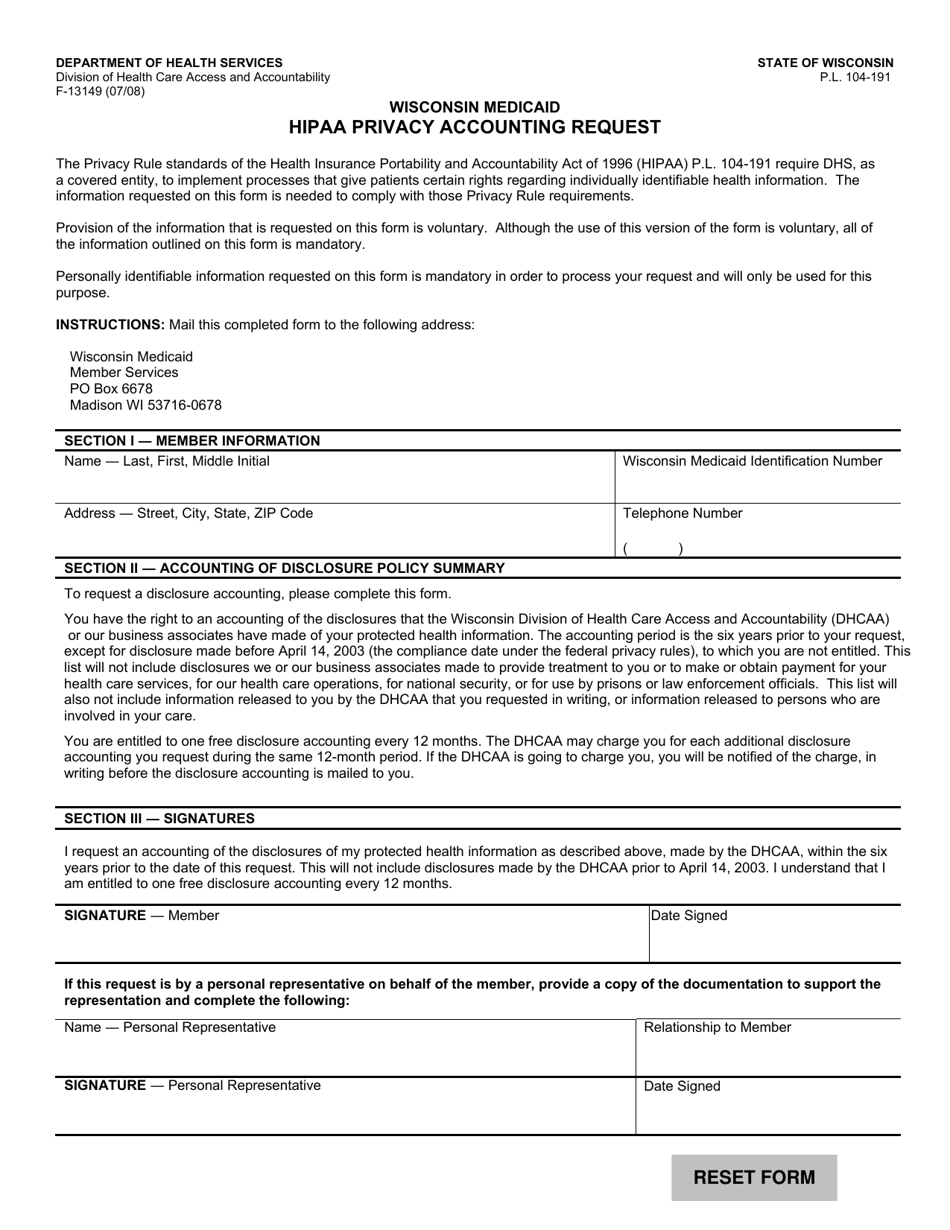 Form F-13149 HIPAA Privacy Accounting Request - Wisconsin, Page 1