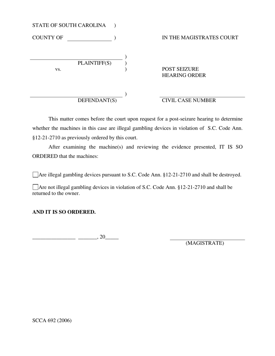 Form SCCA692 Post Seizure Hearing Order - South Carolina, Page 1