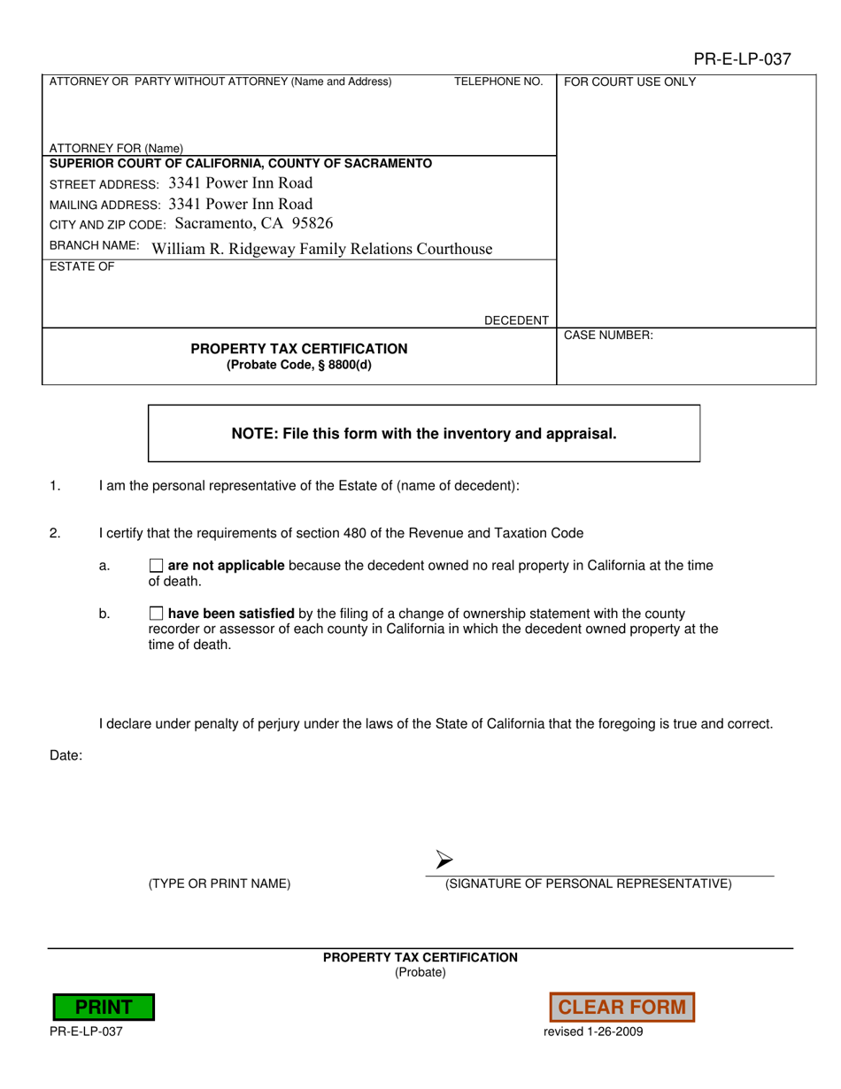 Form PR-E-LP-037 Property Tax Certification - County of Sacramento, California, Page 1