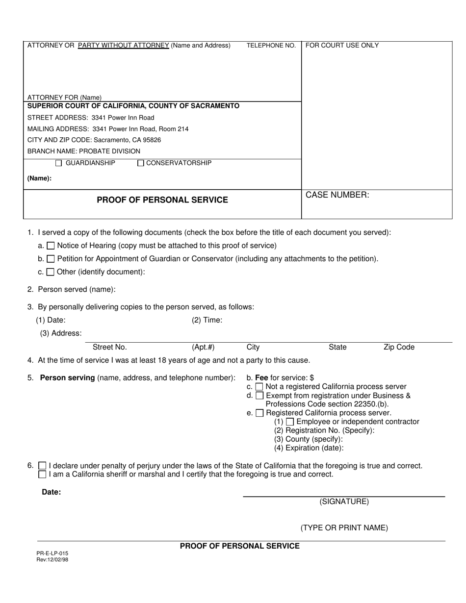 Form PR-E-LP-015 Proof of Personal Service - County of Sacramento, California, Page 1