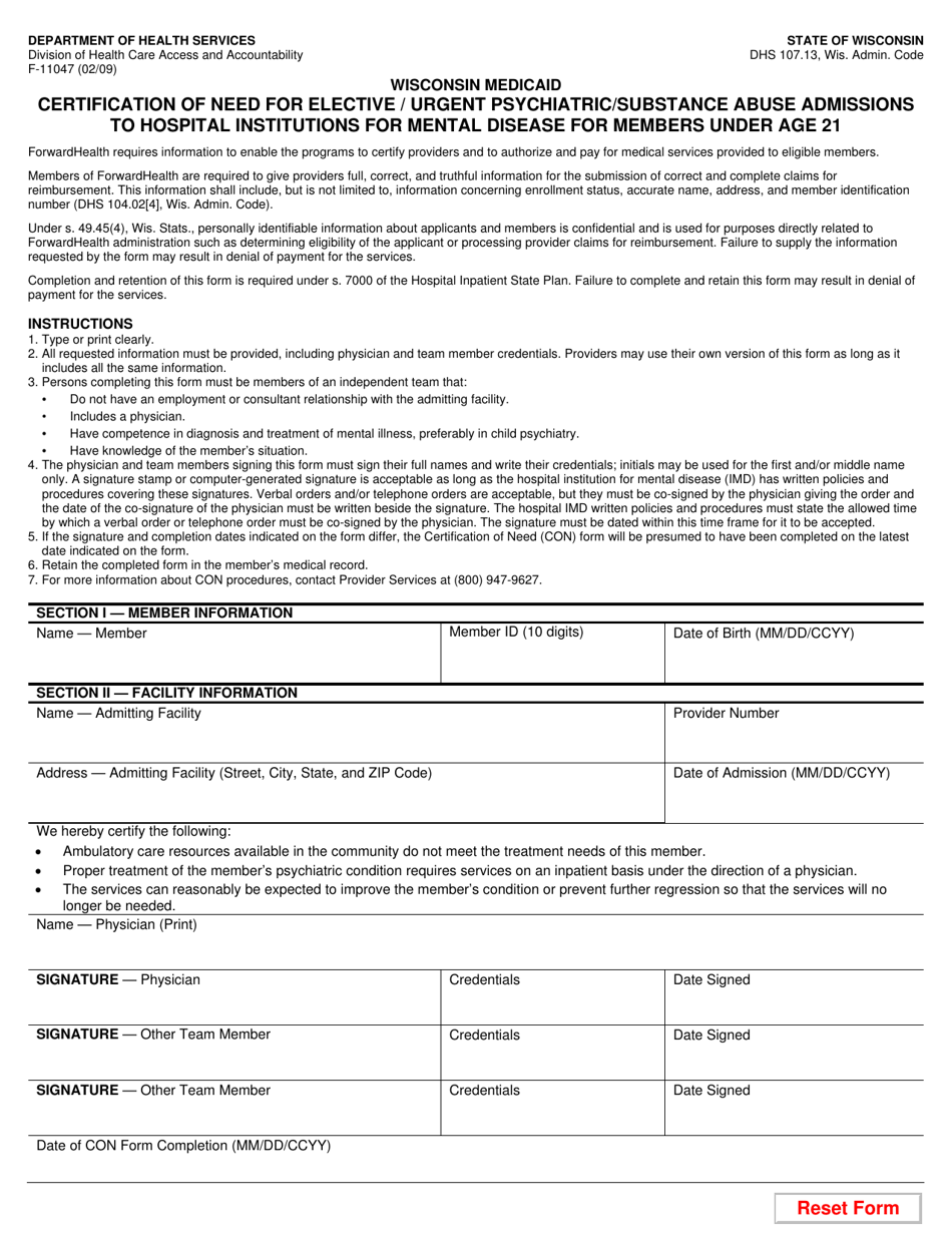 Form F-11047 Certification of Need for Elective / Urgent Psychiatric / Substance Abuse Admissions to Hospital Institutions for Mental Disease for Members Under Age 21 - Wisconsin, Page 1