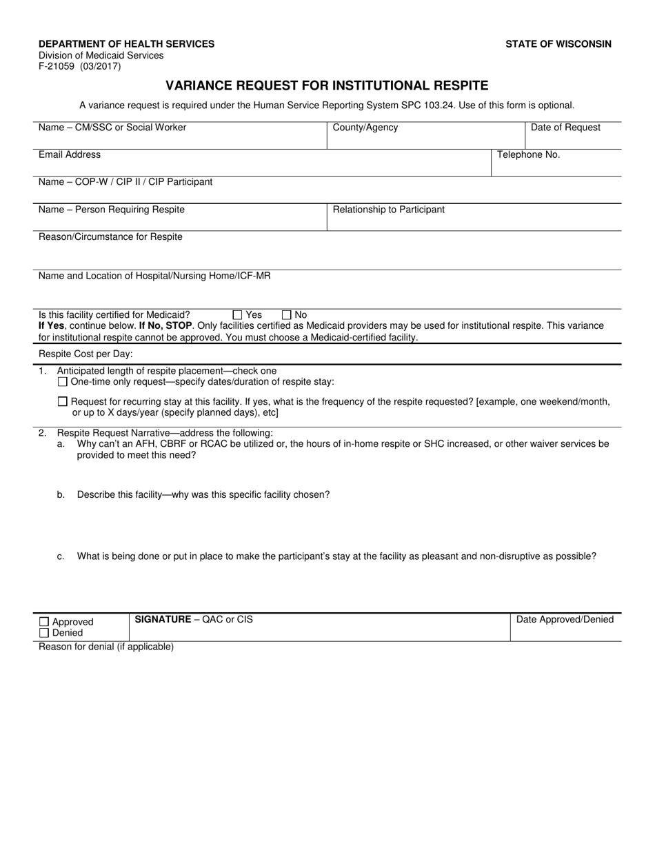 Form F-21059 Variance Request for Institution Respite - Wisconsin, Page 1