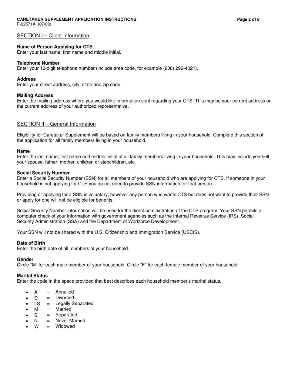Instructions for Form F-22571 Caretaker Supplement Application - Wisconsin, Page 2
