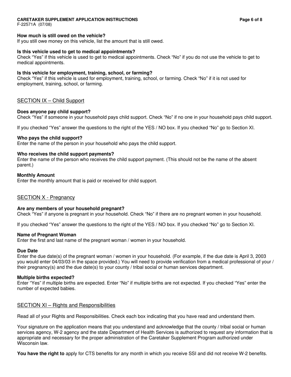 Instructions for Form F-22571 Caretaker Supplement Application - Wisconsin, Page 6