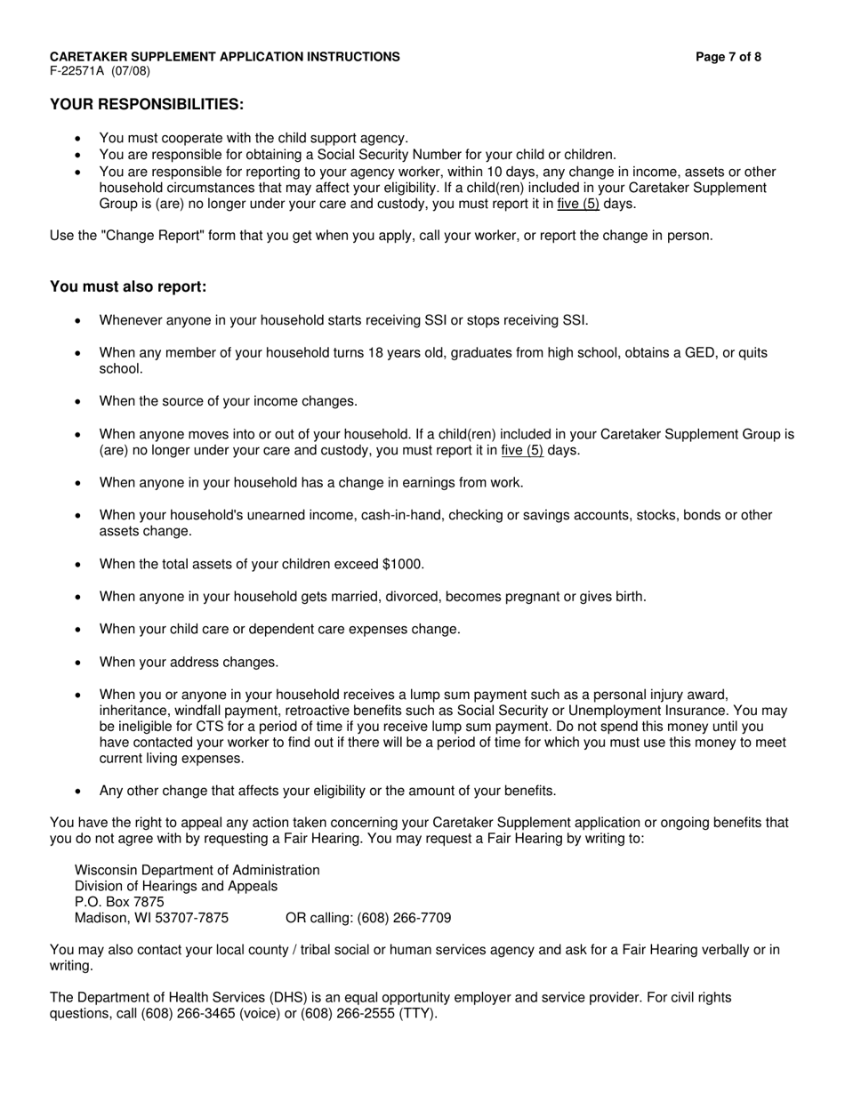 Instructions for Form F-22571 Caretaker Supplement Application - Wisconsin, Page 7