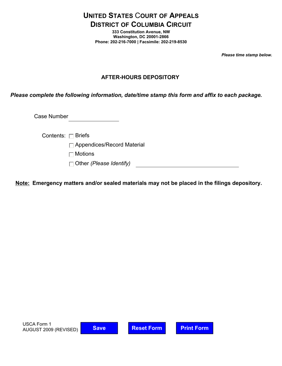 USCA Form 1 24-hour Filing Depository Slip - Washington, D.C., Page 1