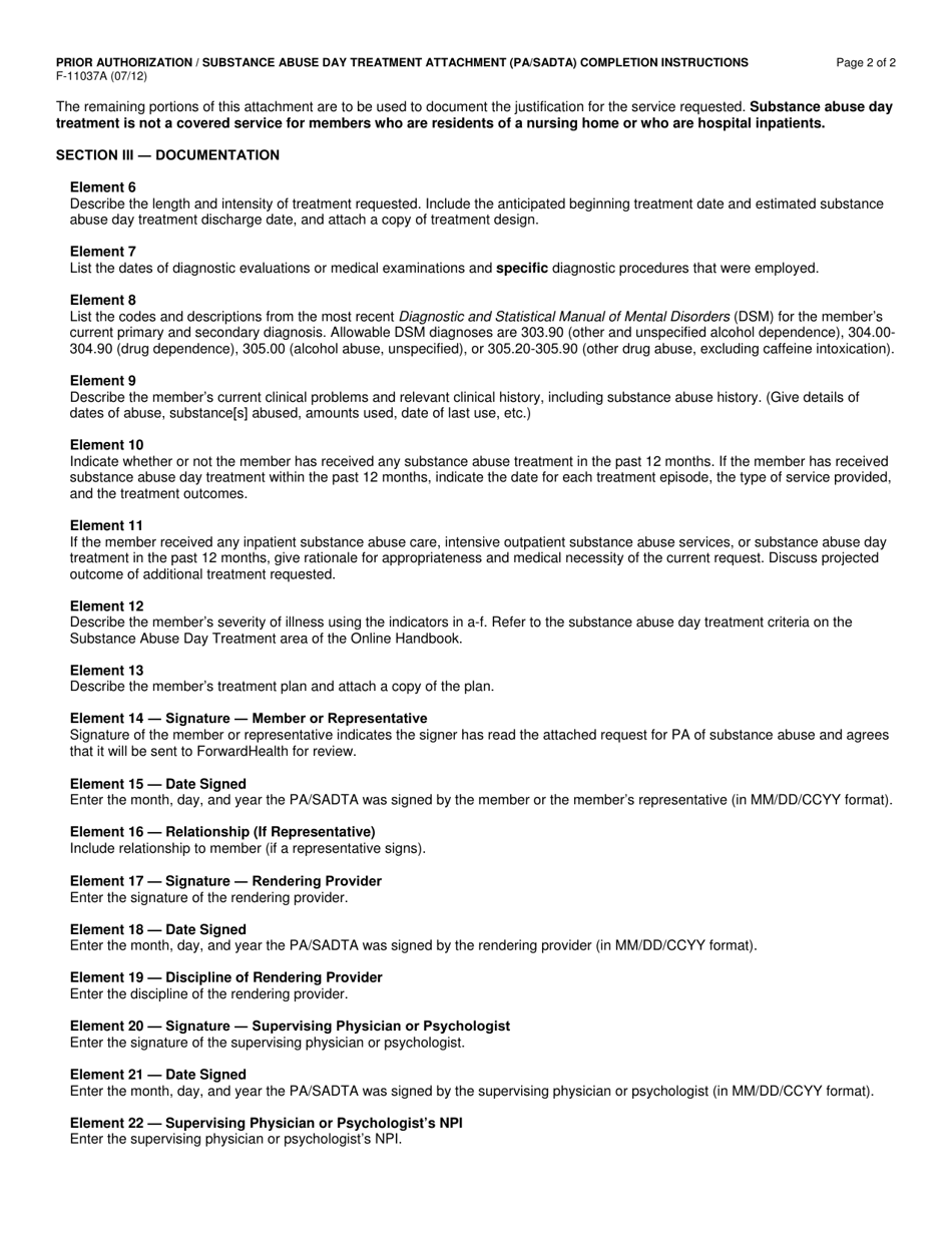 Instructions for Form F-11037 Prior Authorization / Substance Abuse Day Treatment Attachment (Pa / Sadta) - Wisconsin, Page 2