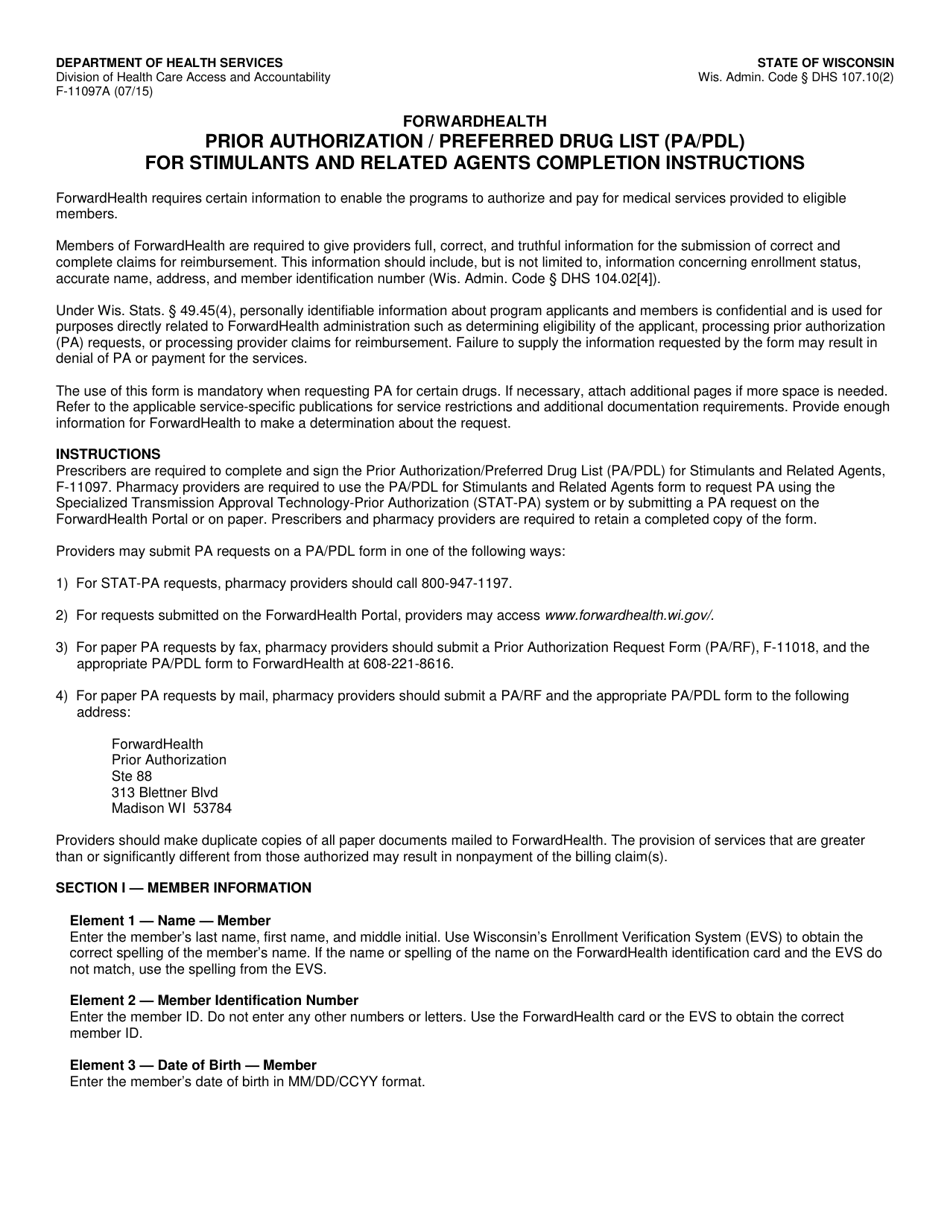 Instructions for Form F-11097 Prior Authorization / Preferred Drug List (Pa / Pdl) for Stimulants and Related Agents - Wisconsin, Page 1