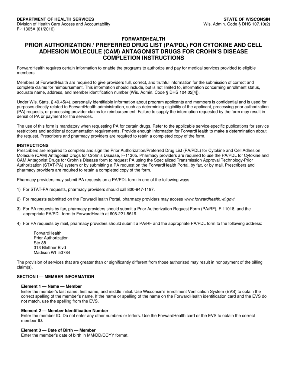 Instructions for Form F-11305 Prior Authorization / Preferred Drug List (Pa / Pdl) for Cytokine and Cell Adhesion Molecule (Cam) Antagonist Drugs for Crohns Disease - Wisconsin, Page 1