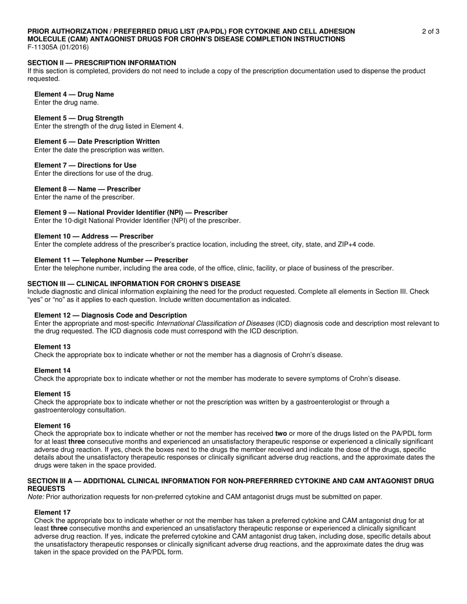 Instructions for Form F-11305 Prior Authorization / Preferred Drug List (Pa / Pdl) for Cytokine and Cell Adhesion Molecule (Cam) Antagonist Drugs for Crohns Disease - Wisconsin, Page 2