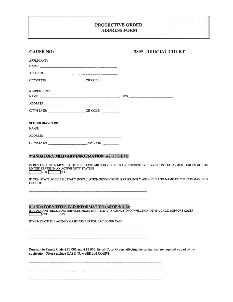 Protective Order Address Form - Harris County, Texas, Page 1