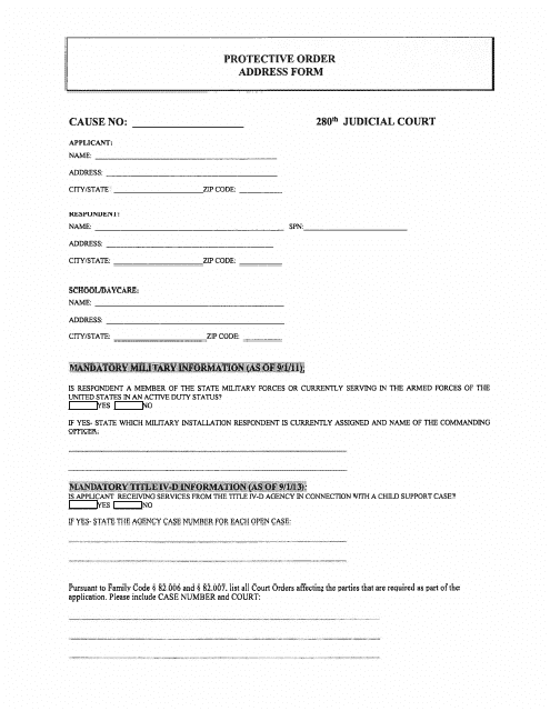 Protective Order Address Form - Harris County, Texas Download Pdf