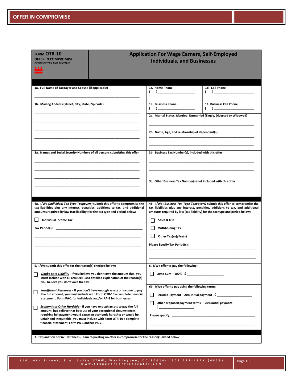 Form OTR-10 Offer in Compromise - Washington, D.C., Page 10