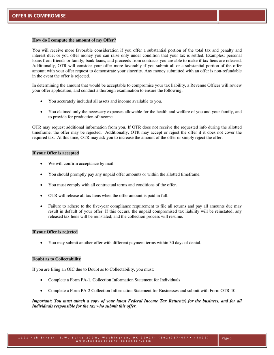 Form OTR-10 Offer in Compromise - Washington, D.C., Page 6