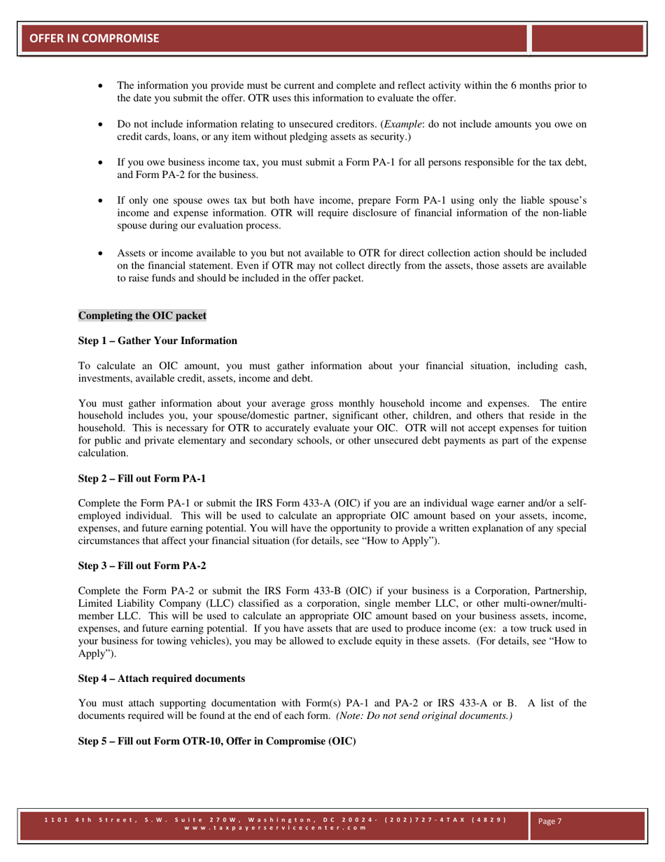 Form OTR-10 Offer in Compromise - Washington, D.C., Page 7