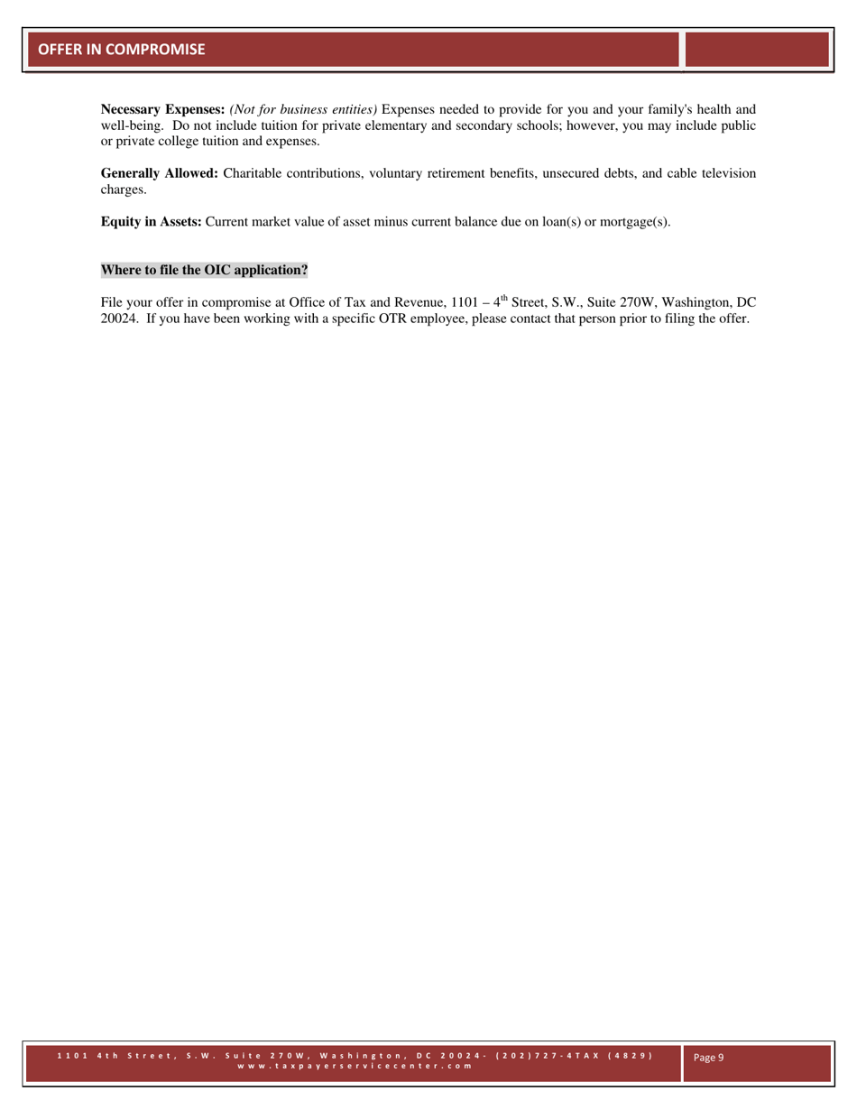 Form OTR-10 Offer in Compromise - Washington, D.C., Page 9