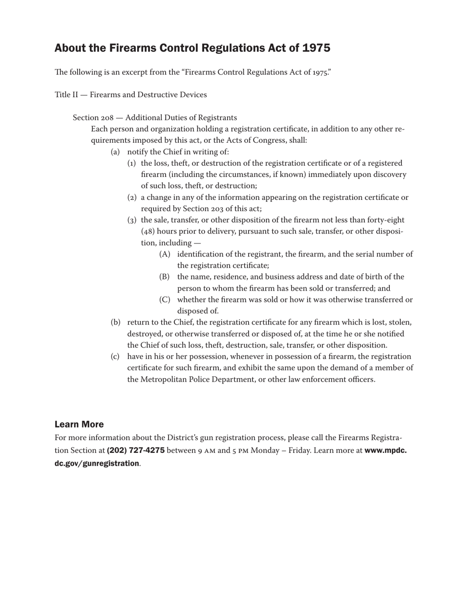 Form PD-219 Application for Firearms Registration Certificate - Washington, D.C., Page 2