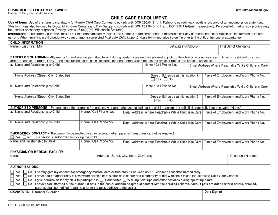 Form DCF-F-CFS0062 Child Care Enrollment - Wisconsin, Page 1