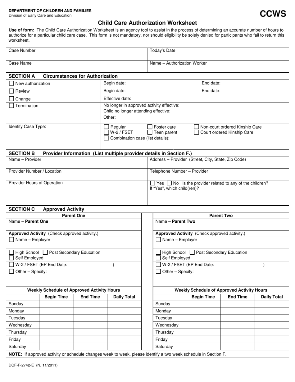 Form DCF-F-2742-E Child Care Authorization Worksheet - Wisconsin, Page 1